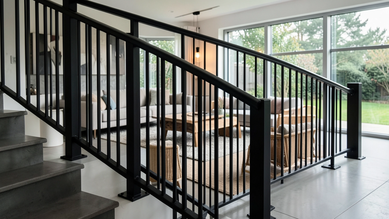 Balustrady schodowe z profili zamkniętych w domu i na zewnątrz
