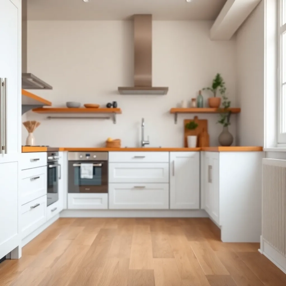 Biała kuchnia z drewnianym blatem  jaka podłoga