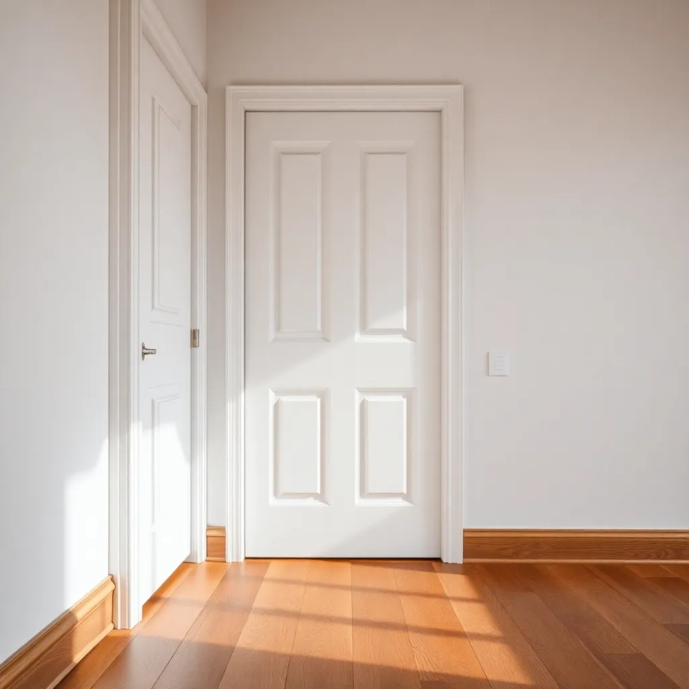 Białe drzwi i drewniane listwy przypodłogowe