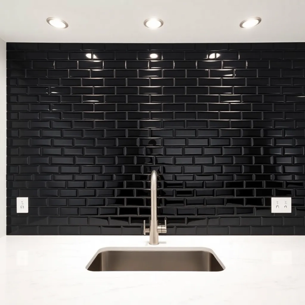 Czarne płytki w kuchni nad blatem
