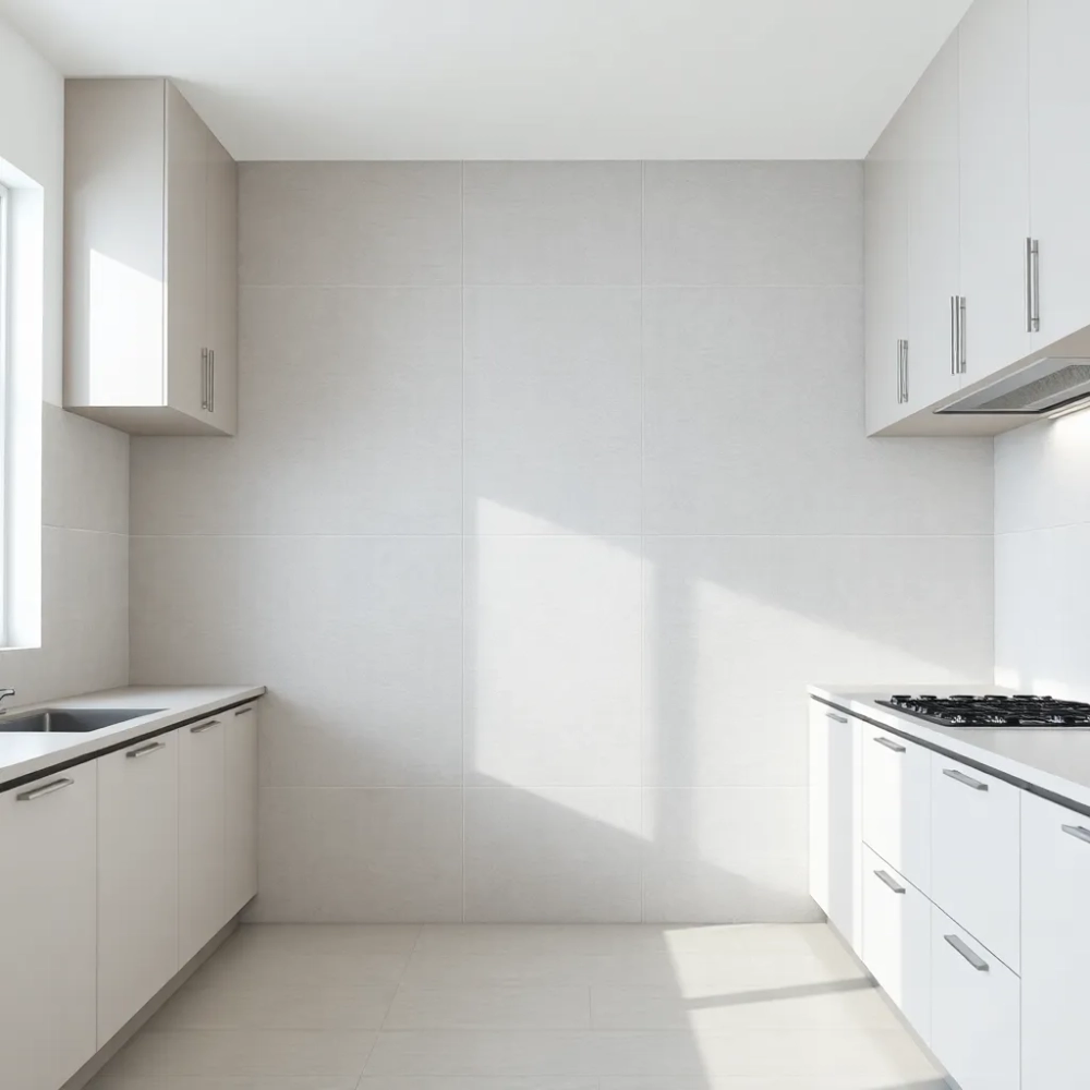 Duże płytki między meblami w kuchni