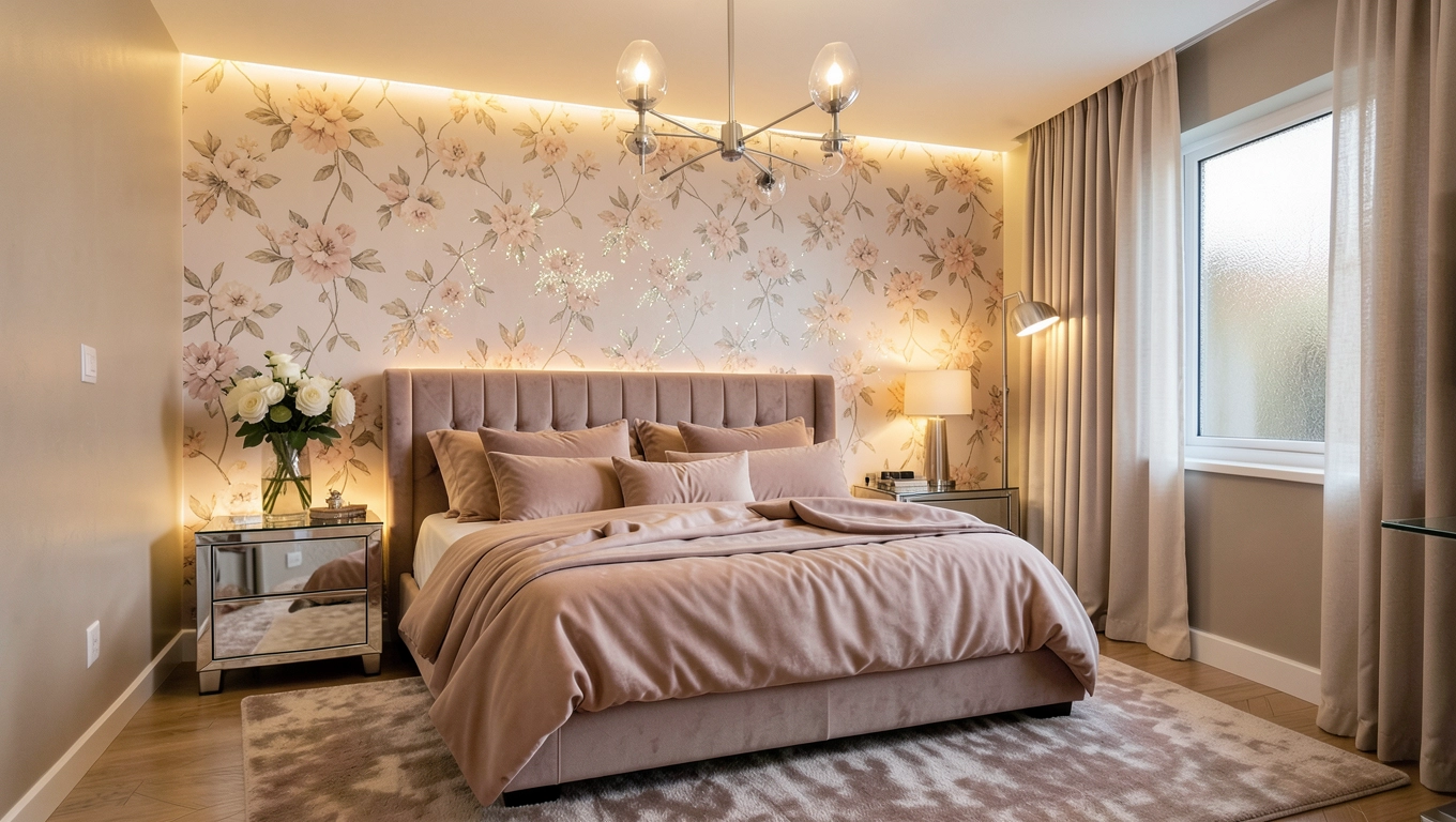 Inspiracje aranżacji sypialni z delikatną fototapetą w stylu glamour