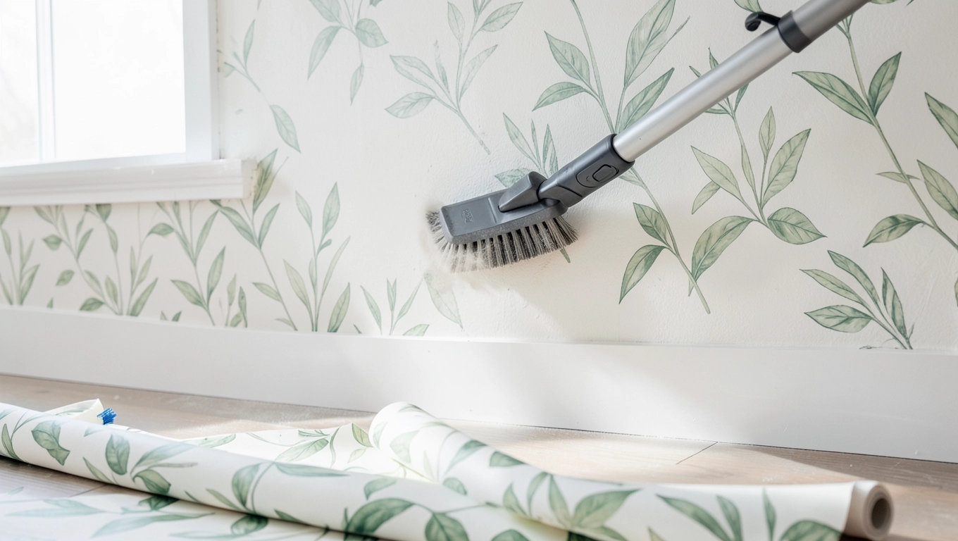 Montaż fototapety liście w sypialni