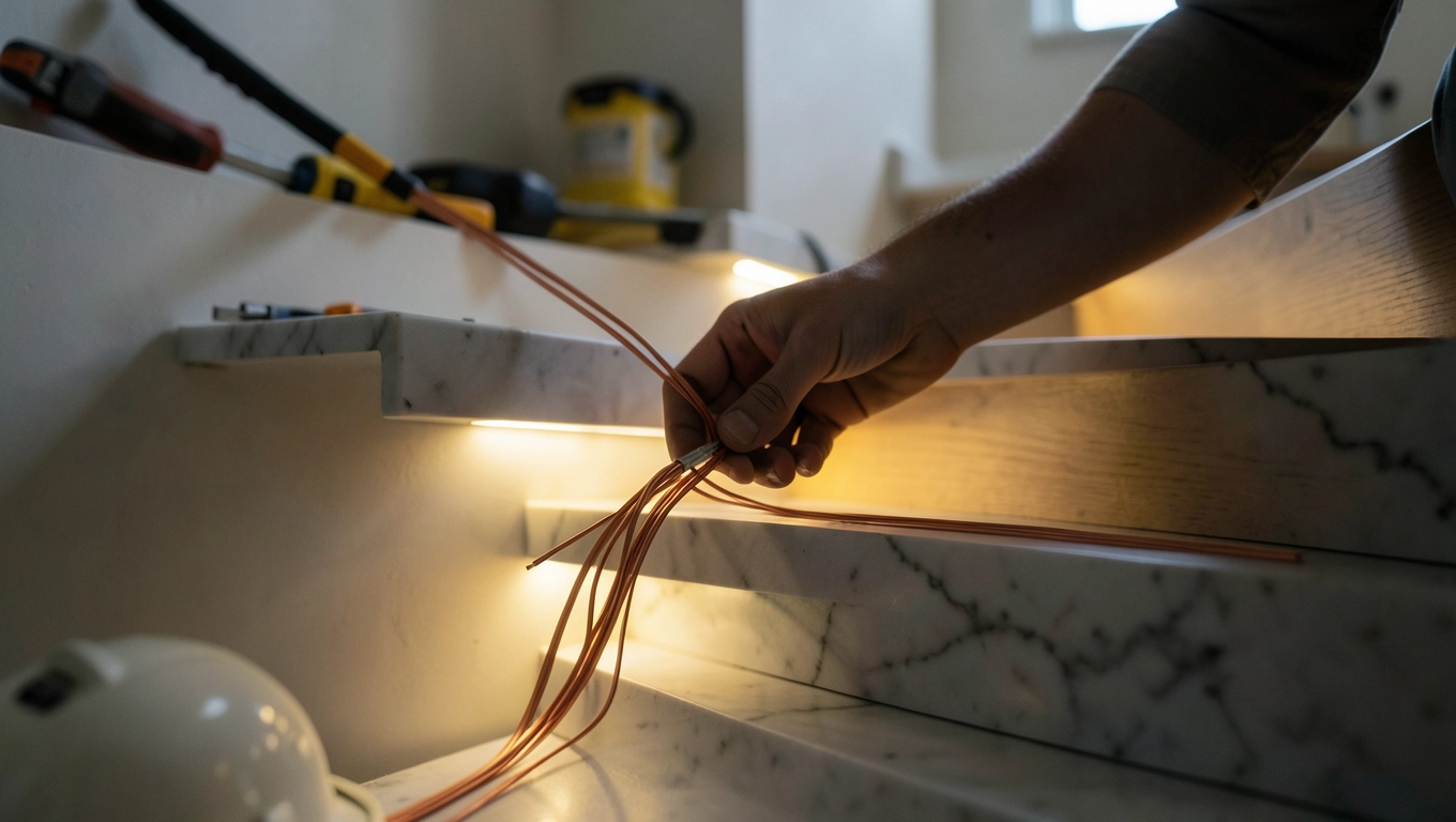 Przygotowanie przewodów i rozmieszczanie lamp na schodach