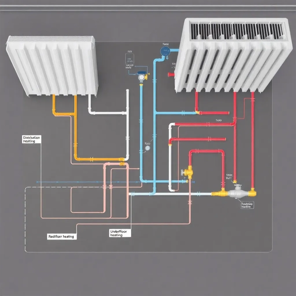 Schemat instalacji co grzejniki i podłogówka