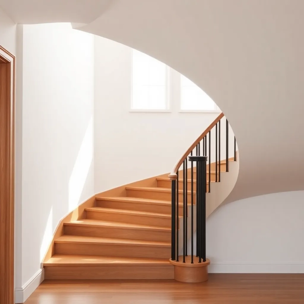 Schody drewniane z czarnymi tralkami