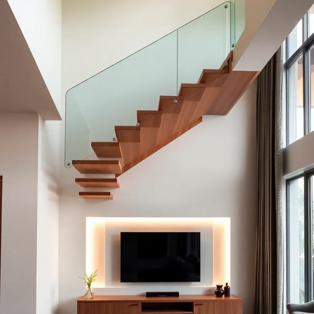 Schody w salonie nad telewizorem