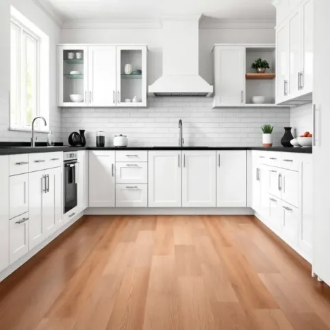 Biała kuchnia z czarnym blatem jaka podłoga