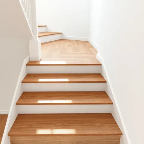 drewniane schody z białymi podstopniami