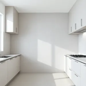 Duże płytki między meblami w kuchni