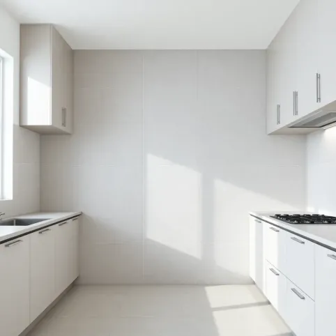 Duże płytki między meblami w kuchni