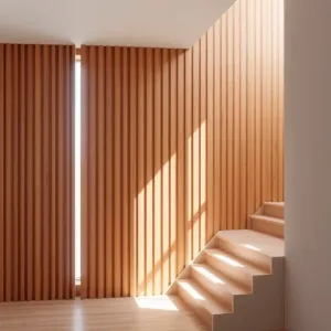 Lamele na ścianie przy schodach