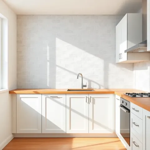 Płytki do białej kuchni z drewnianym blatem