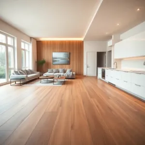 Płytki drewnopodobne w salonie i kuchni