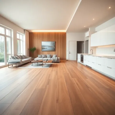 Płytki drewnopodobne w salonie i kuchni