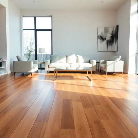 Salon z drewnianą podłogą