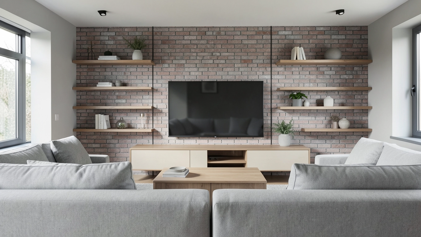 Spójna aranżacja salonu z fototapetą za TV