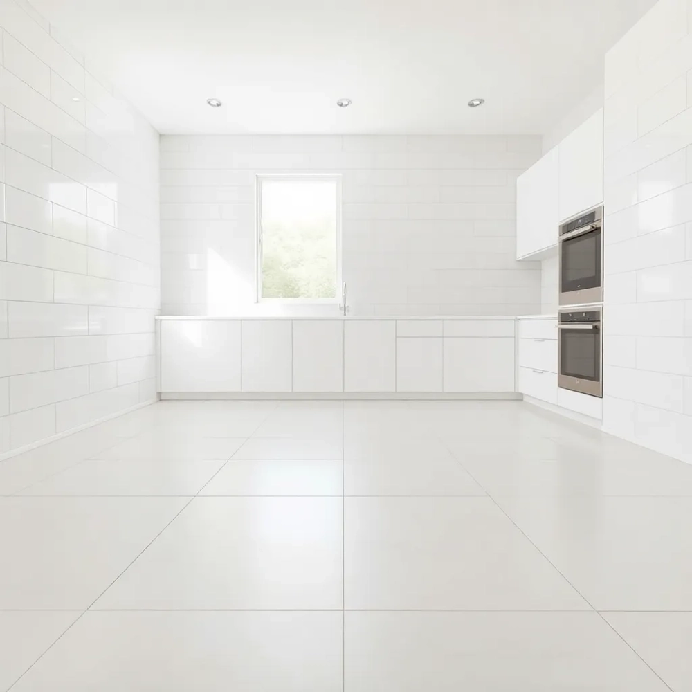 Takie same płytki na ścianie i podłodze w kuchni